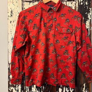 Boys Ralph Lauren long sleeve red 1/4 button down w pocket & iconic Polo horses.